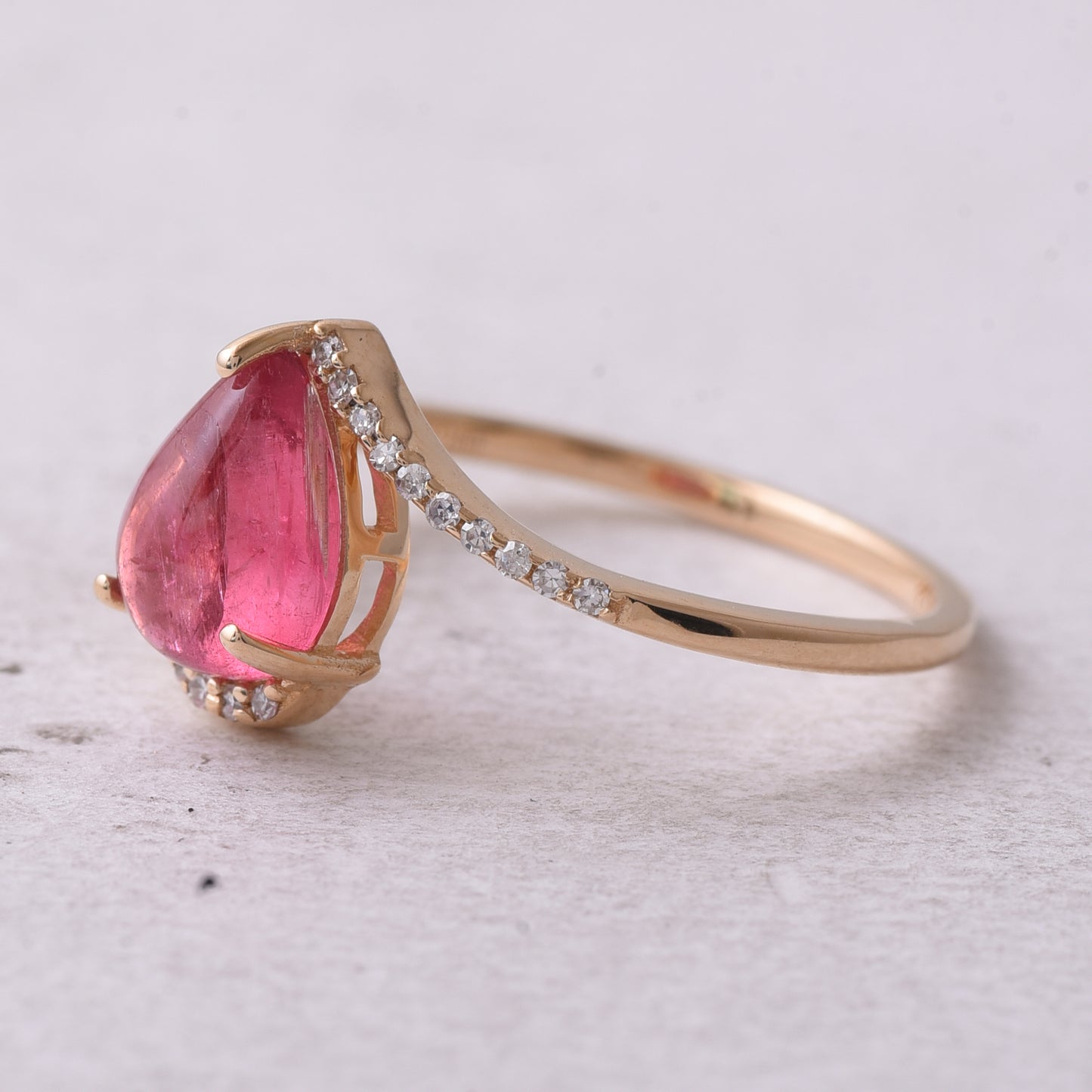 1.51 Ct Pear Cabochon Natural Pink Tourmaline 14K Gold Ring