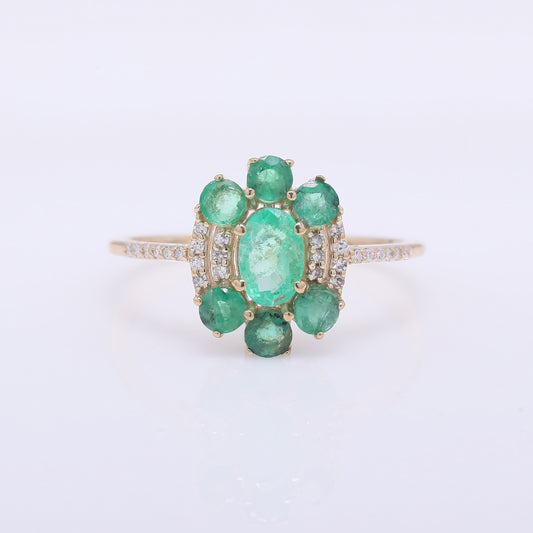 1.23 Ct Oval Mixed Cut, Round Mixed Cut Natural Emerald 14K Gold Ring