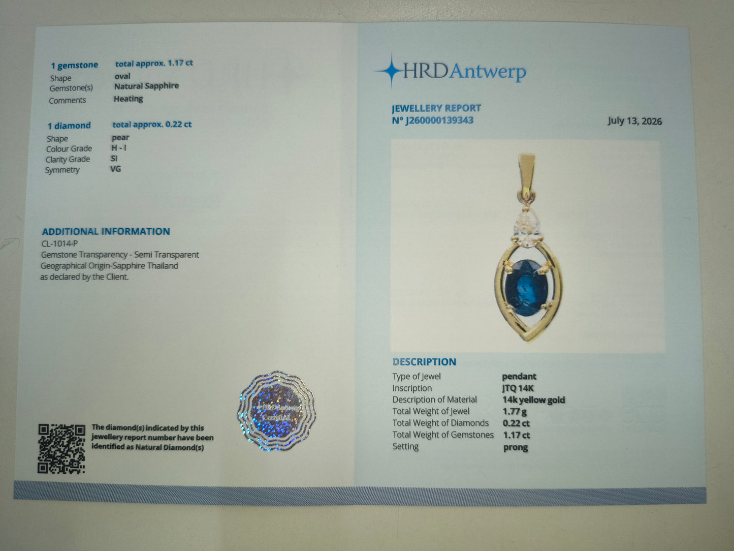 1.39 Ct Oval Natural Sapphire 14K Gold Pendant