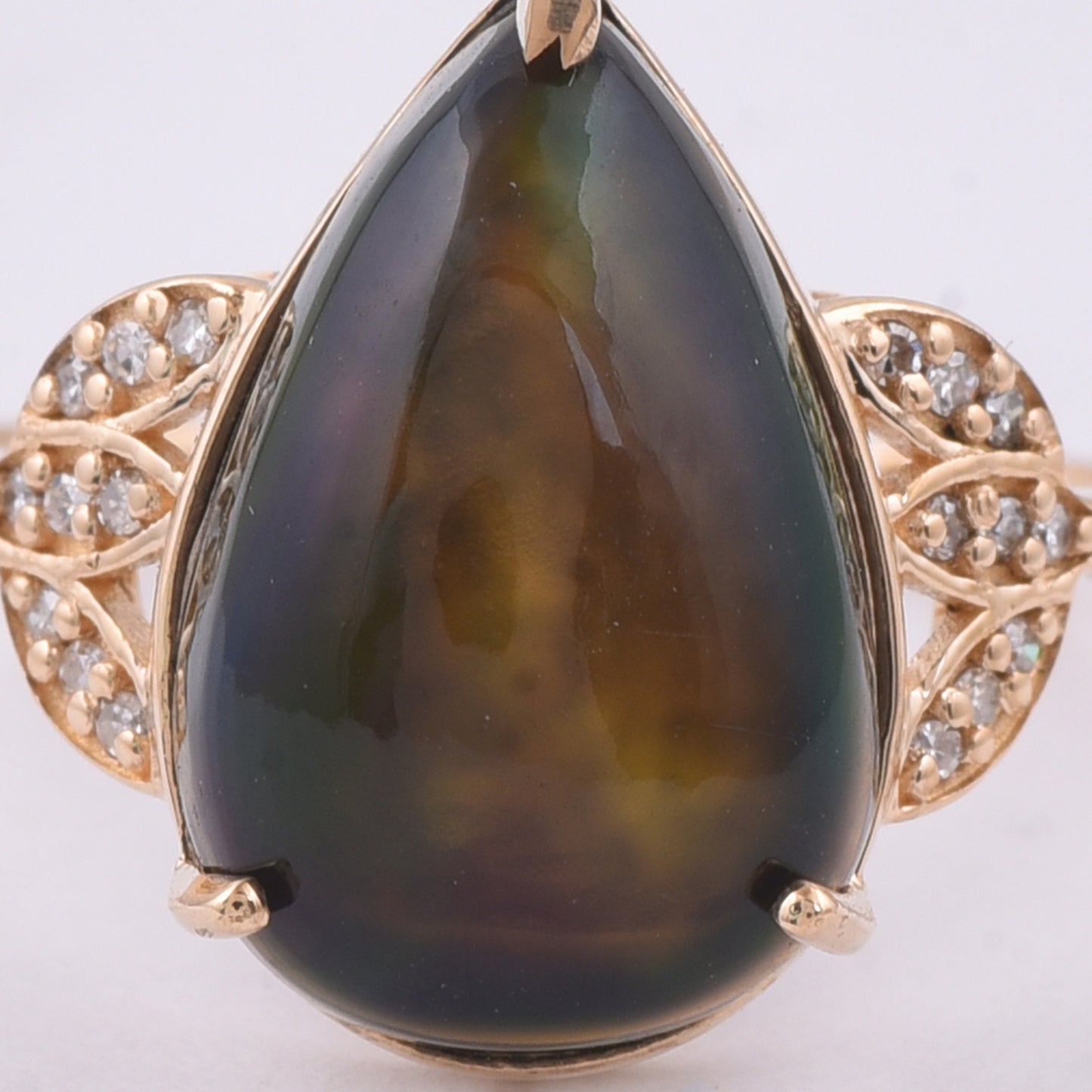 3.99 Ct Pear Cabochon Natural Black Opal 14K Gold Ring