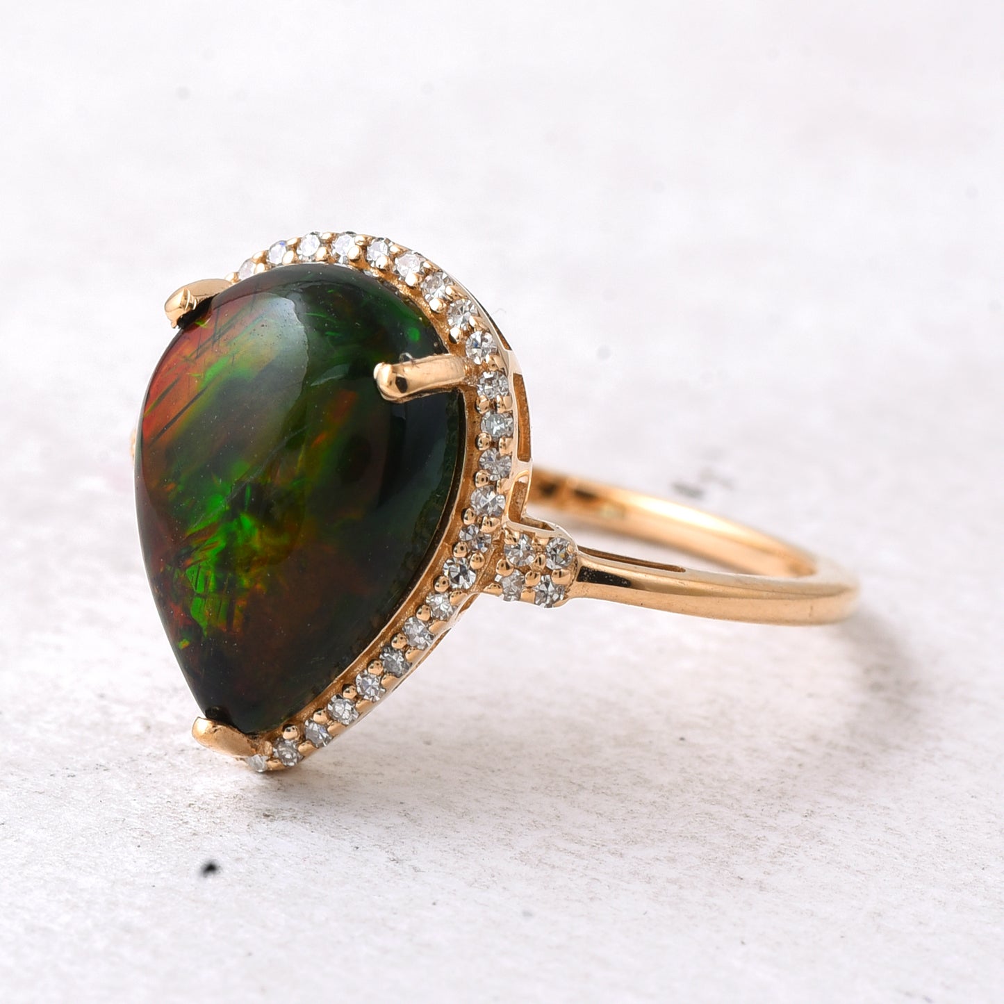 2.69 Ct Pear Cabochon Natural Black Opal 14K Gold Ring