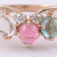 1.89 Ct Round Cabochon Cut Natural Multi Coloured Tourmaline 14K Gold Ring