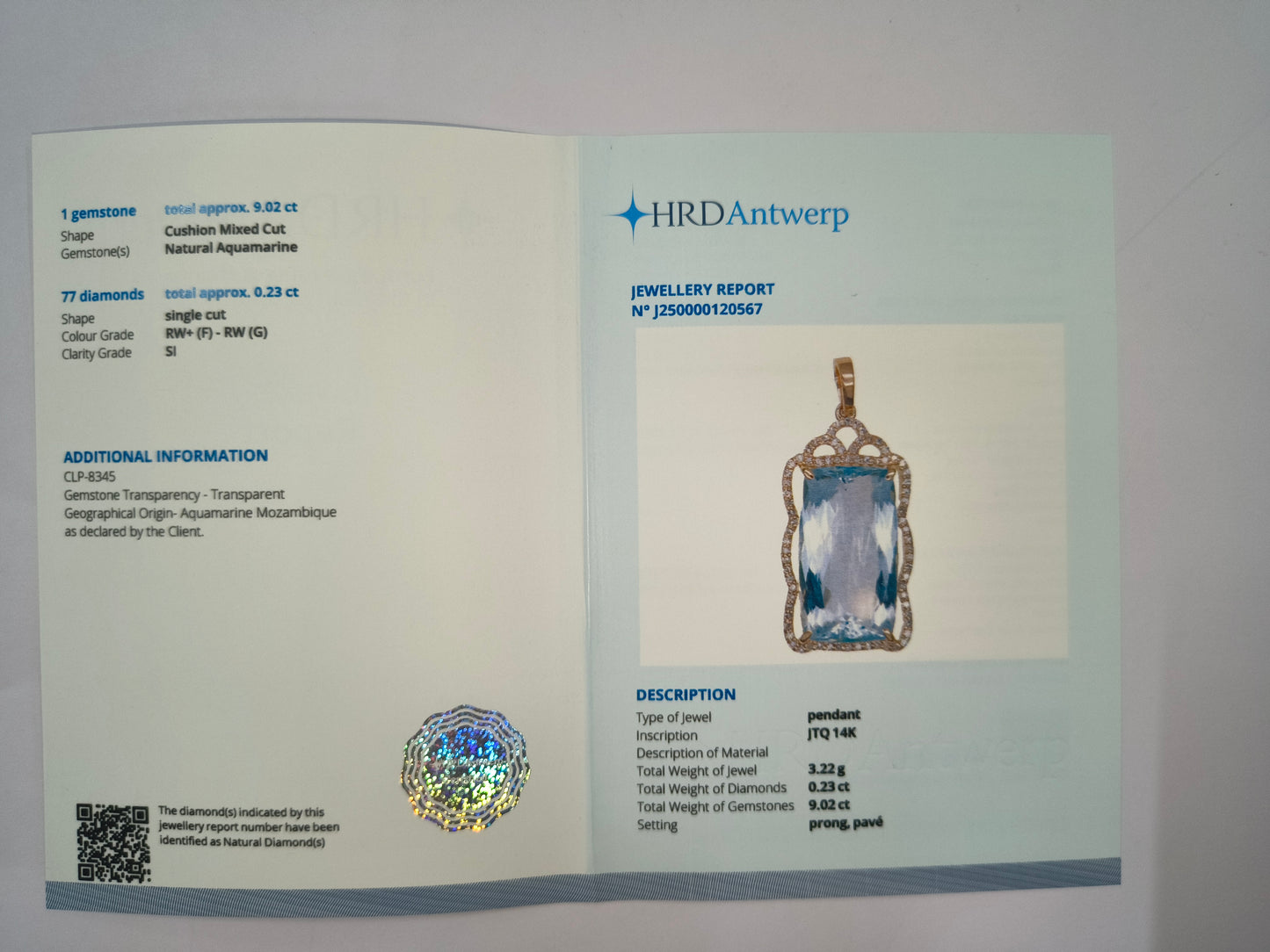 9.25 Ct Cushion Natural Aquamarine 14K Gold Pendant