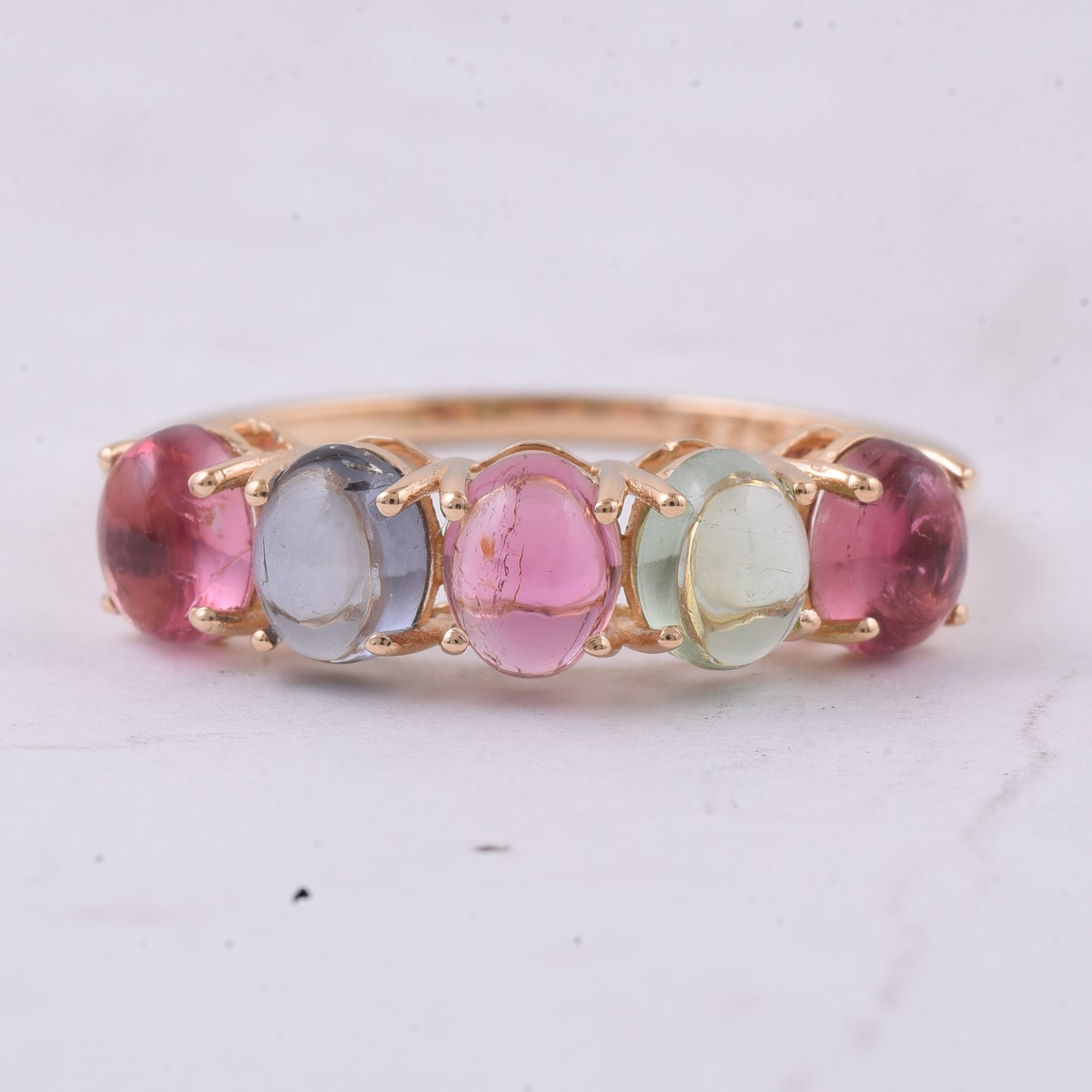 2.21 Ct Oval Cabochon Cut Natural Multi-Coloured Tourmaline 14K Gold Ring