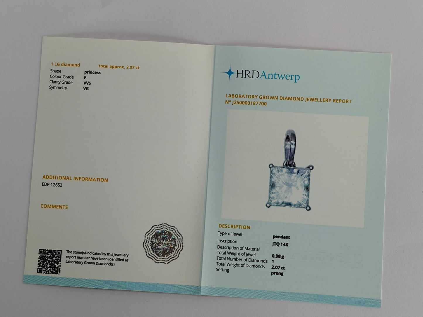 2.07 Carats Lab Grown Diamond 14K Gold Pendant