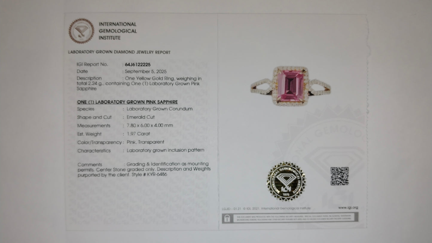 2.20 Ct Emerald Cut Lab Grown Pink Sapphire 14K Gold Ring