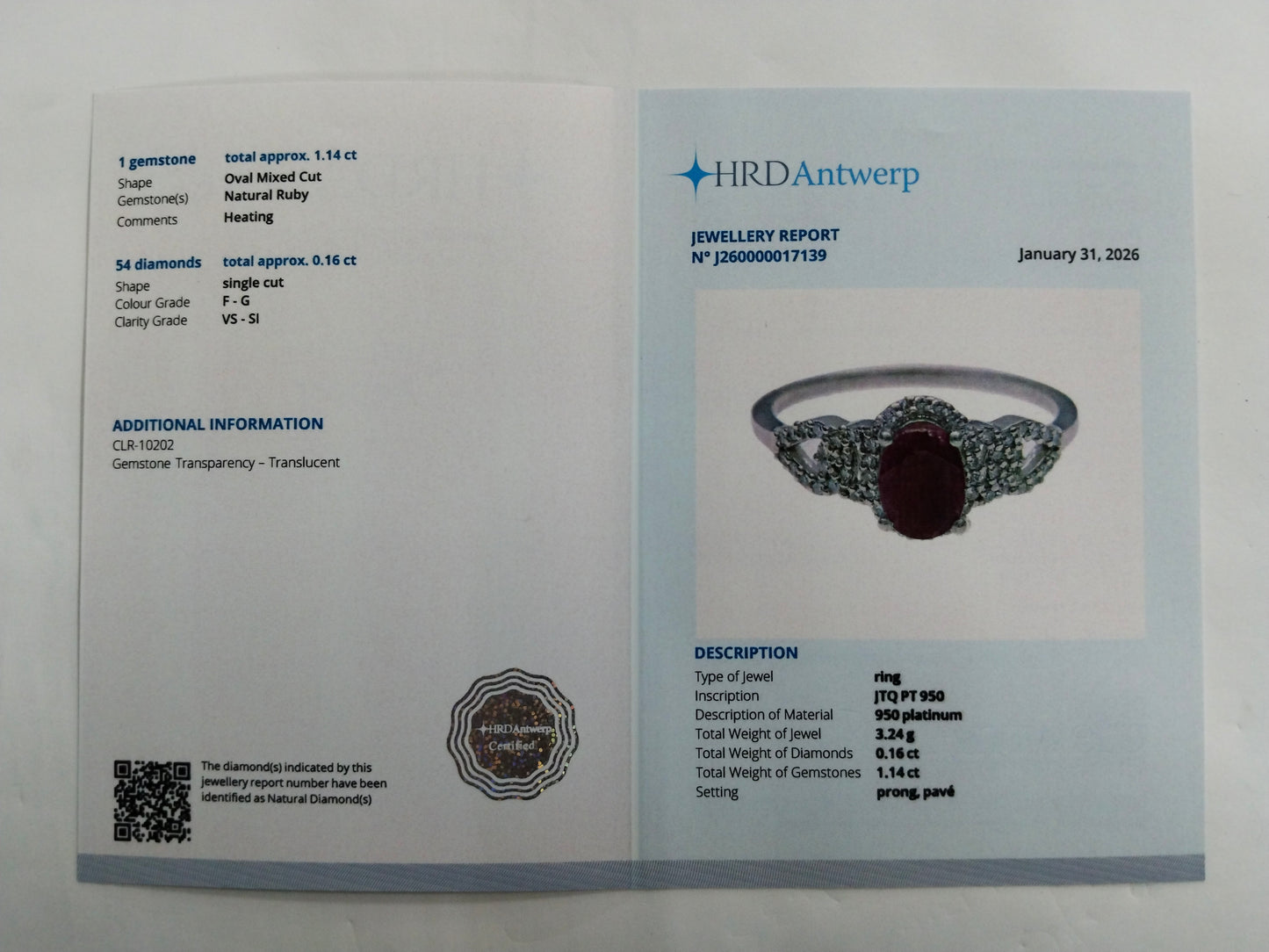 1.30 Ct Oval Mixed Cut Natural Ruby 950 Platinum Ring