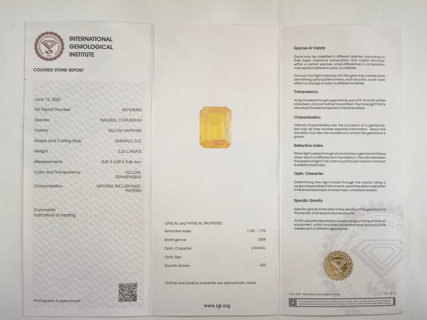 2.22 Natural Corundum Yellow Sapphire Emerald Cut Gemstone