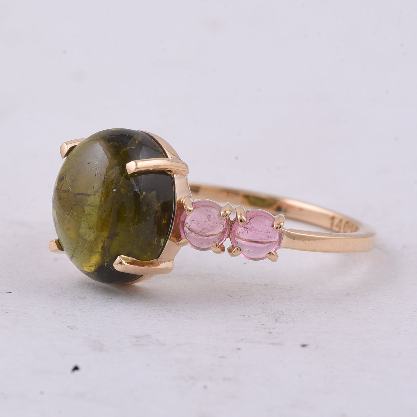 4.39 Ct Oval Cabochon Cut, Round Cabochon Cut Natural Multi-Coloured Tourmaline 14K Gold Ring
