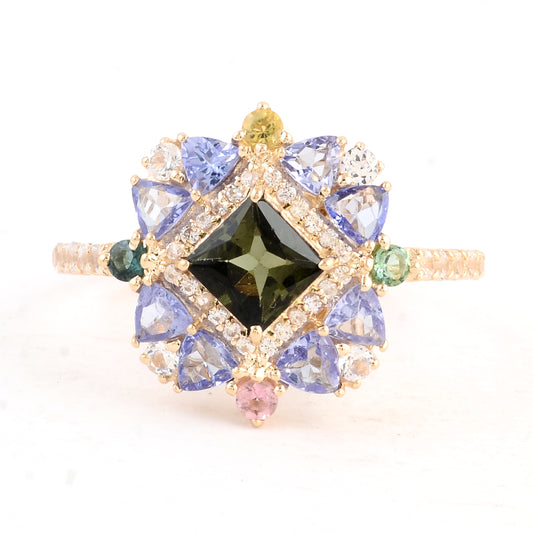 2.00 Ct Square Multi Tourmaline 14K Gold Ring