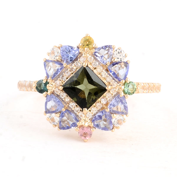 2.00 Ct Square Multi Tourmaline 14K Gold Ring