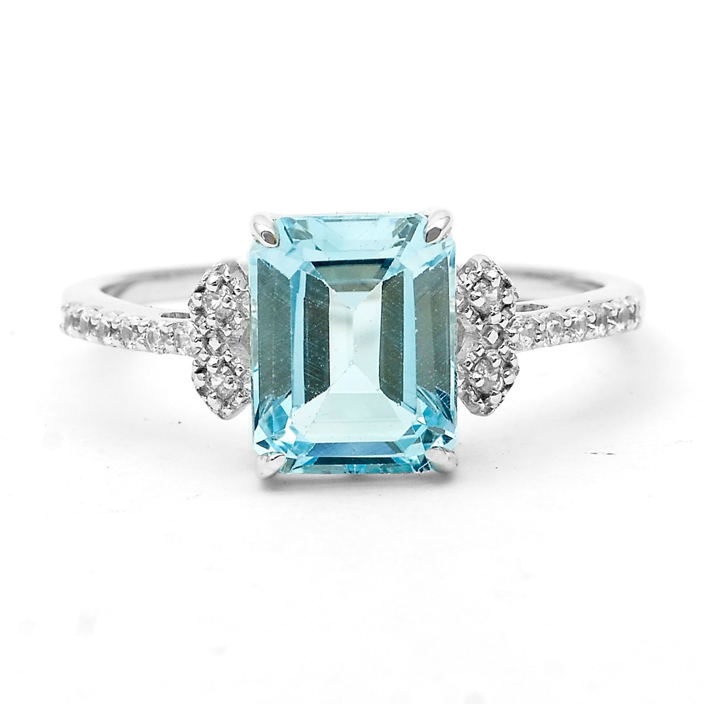 3.01 Ct Octagon Blue Topaz, White Zircon 925 Sterling Silver Ring
