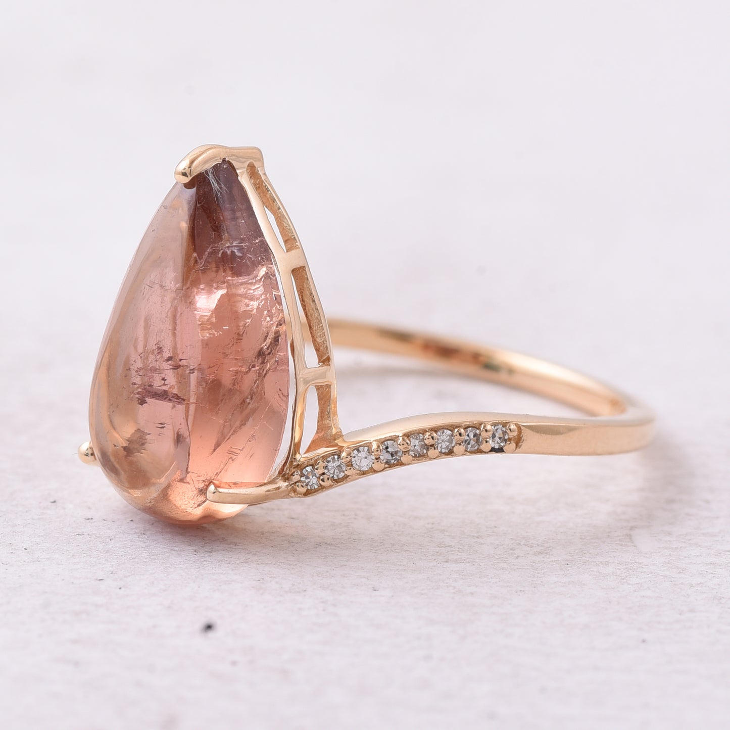4.37 Ct Pear Cabochon Natural Pink Tourmaline 14K Gold Ring