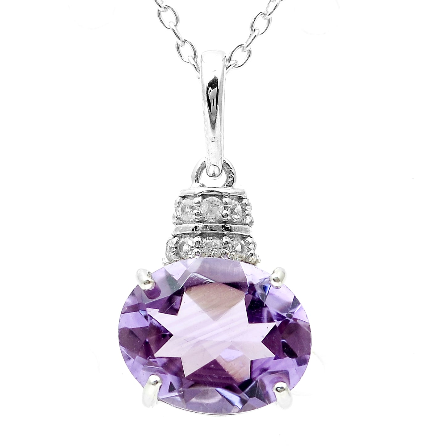 2.53 Ct Oval Amethyst, White Zircon 925 Sterling Silver Pendant