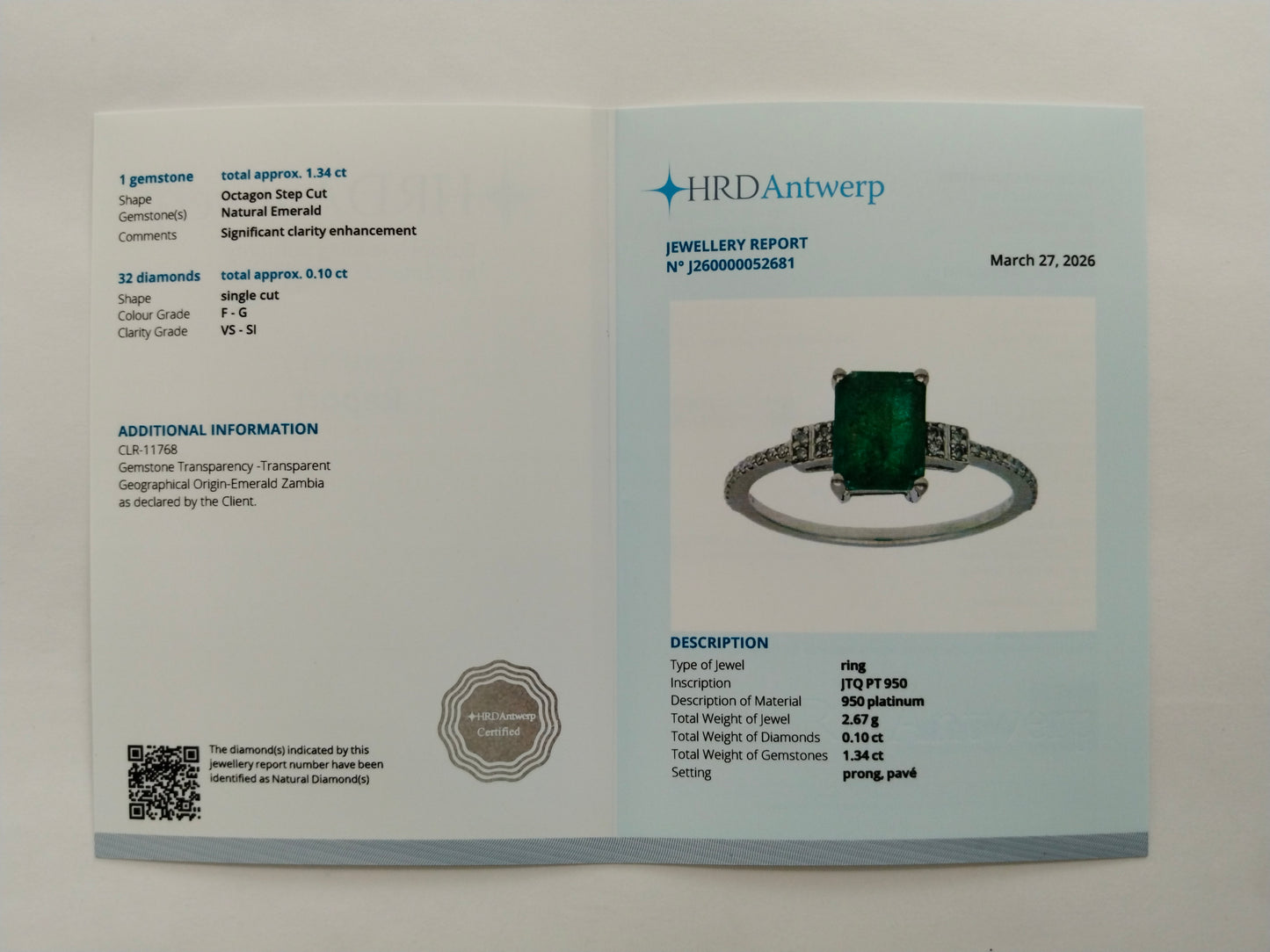 1.44 Ct Octagon Step Cut Natural Emerald 950 Platinum Ring