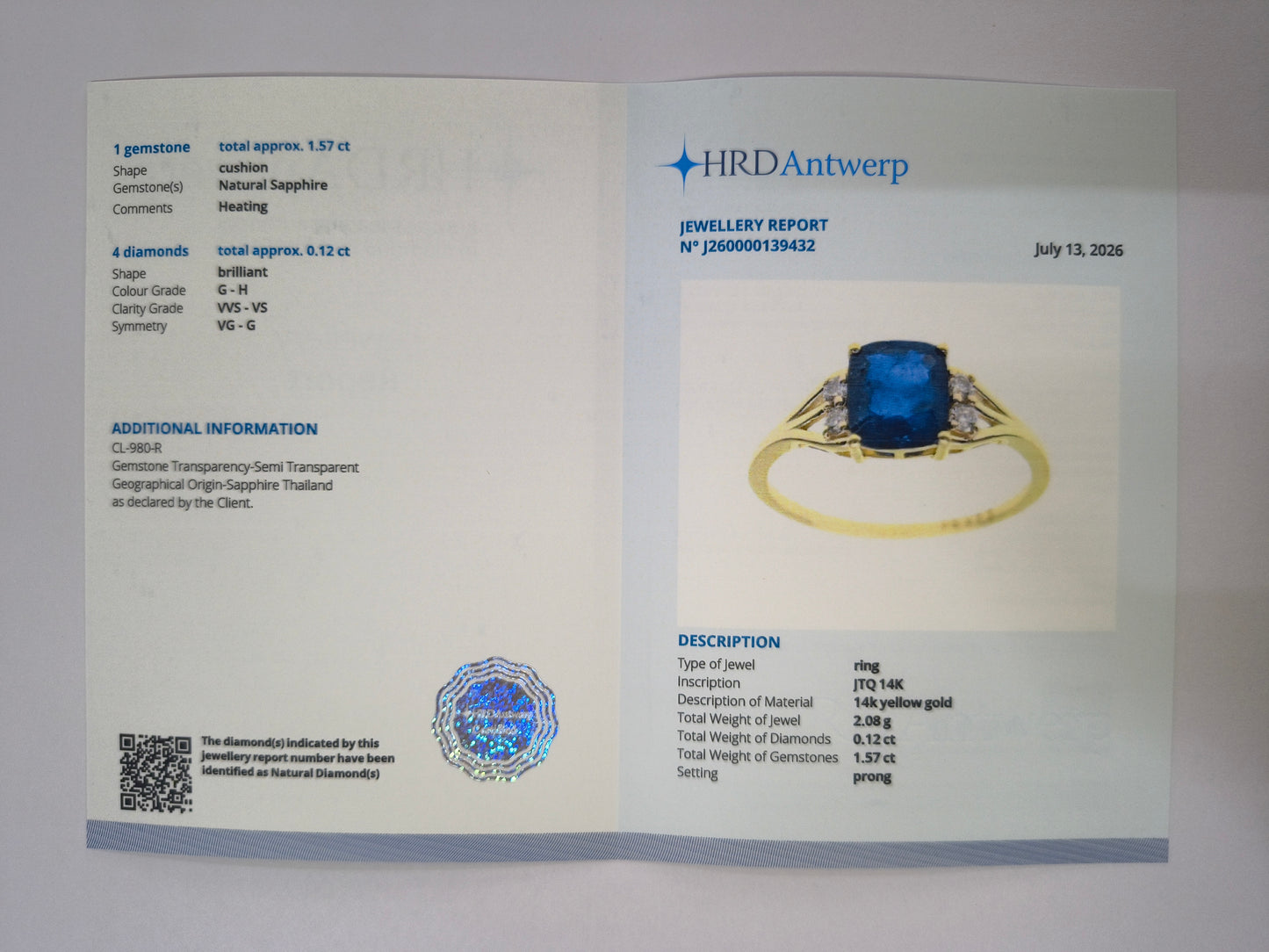 1.69 Ct Cushion Natural Sapphire 14K Gold Ring