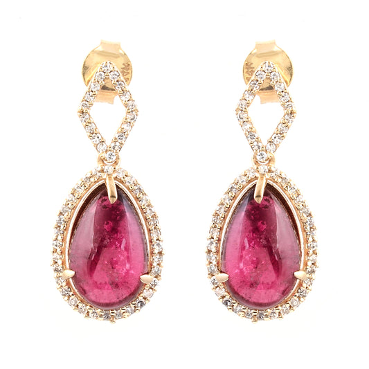 6.41 Ct Pear Cabochon Natural Tourmaline 14K Gold Earrings