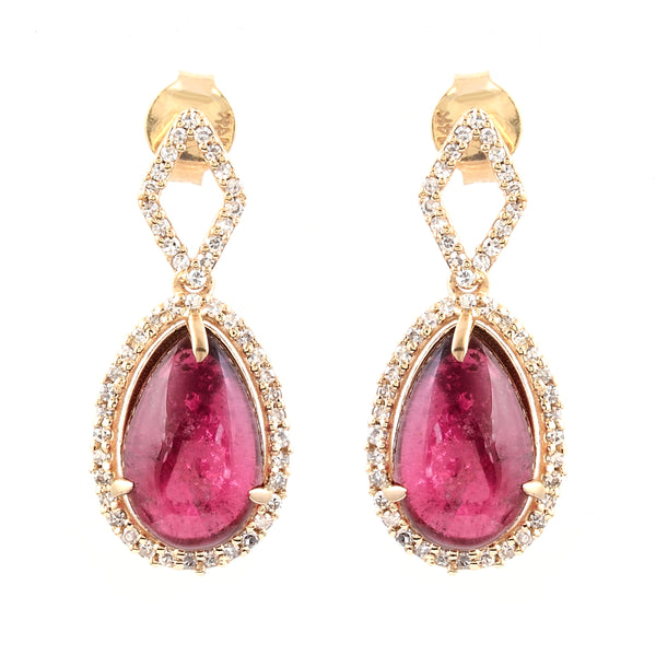 6.41 Ct Pear Cabochon Natural Tourmaline 14K Gold Earrings
