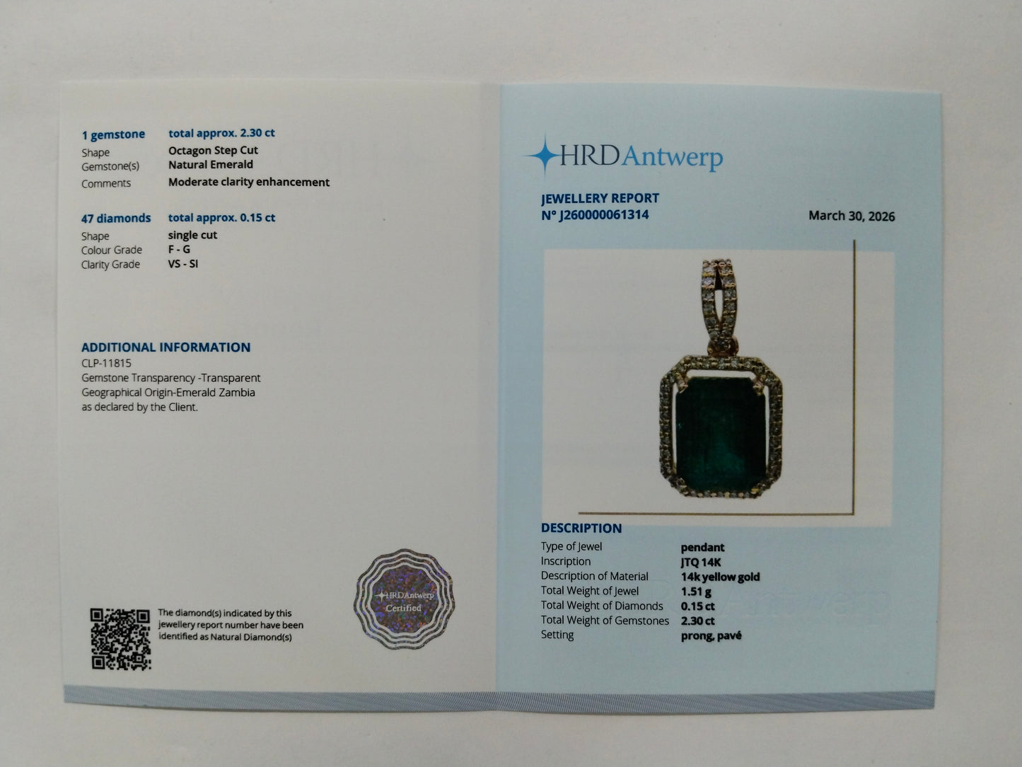 2.45 Ct Octagon Step Cut Natural Emerald 14K Gold Pendant