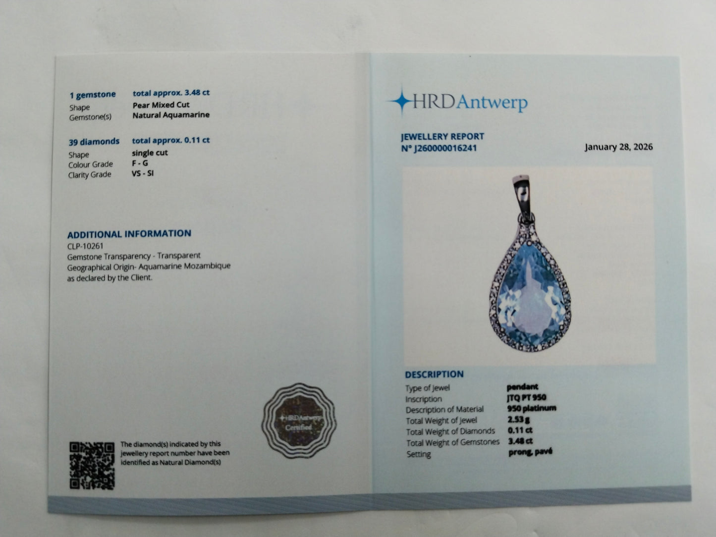 3.59 Ct Pear Mixed Cut Natural Aquamarine 950 Platinum Pendant