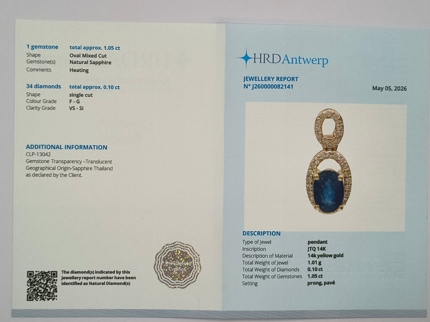 1.15 Ct Oval Mixed Cut Natural Sapphire 14K Gold Pendant
