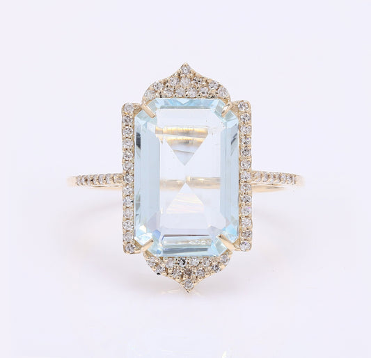 4.37 Ct Emerald Cut Natural Beryl Aquamarine 14K Gold Ring