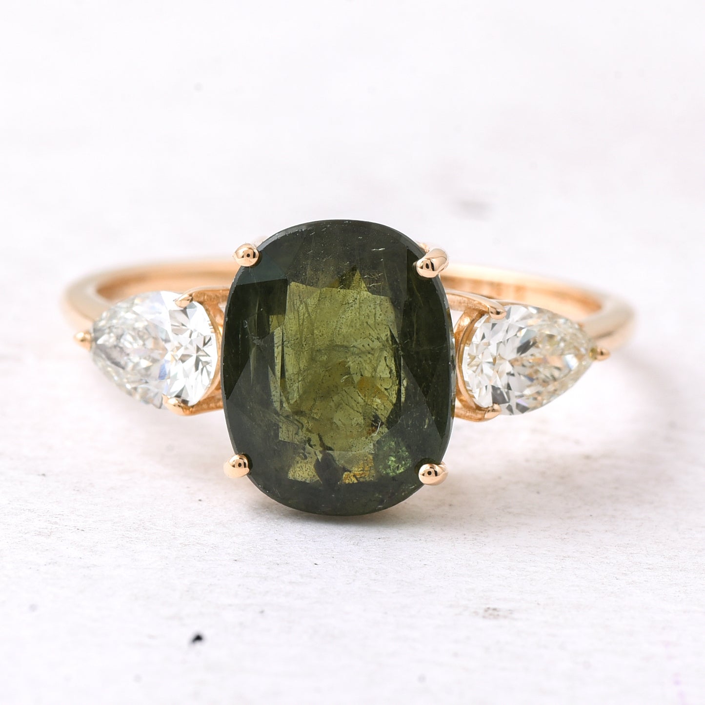 4.06 Ct Cushion Mixed Cut Natural Green Sapphire 14K Gold Ring