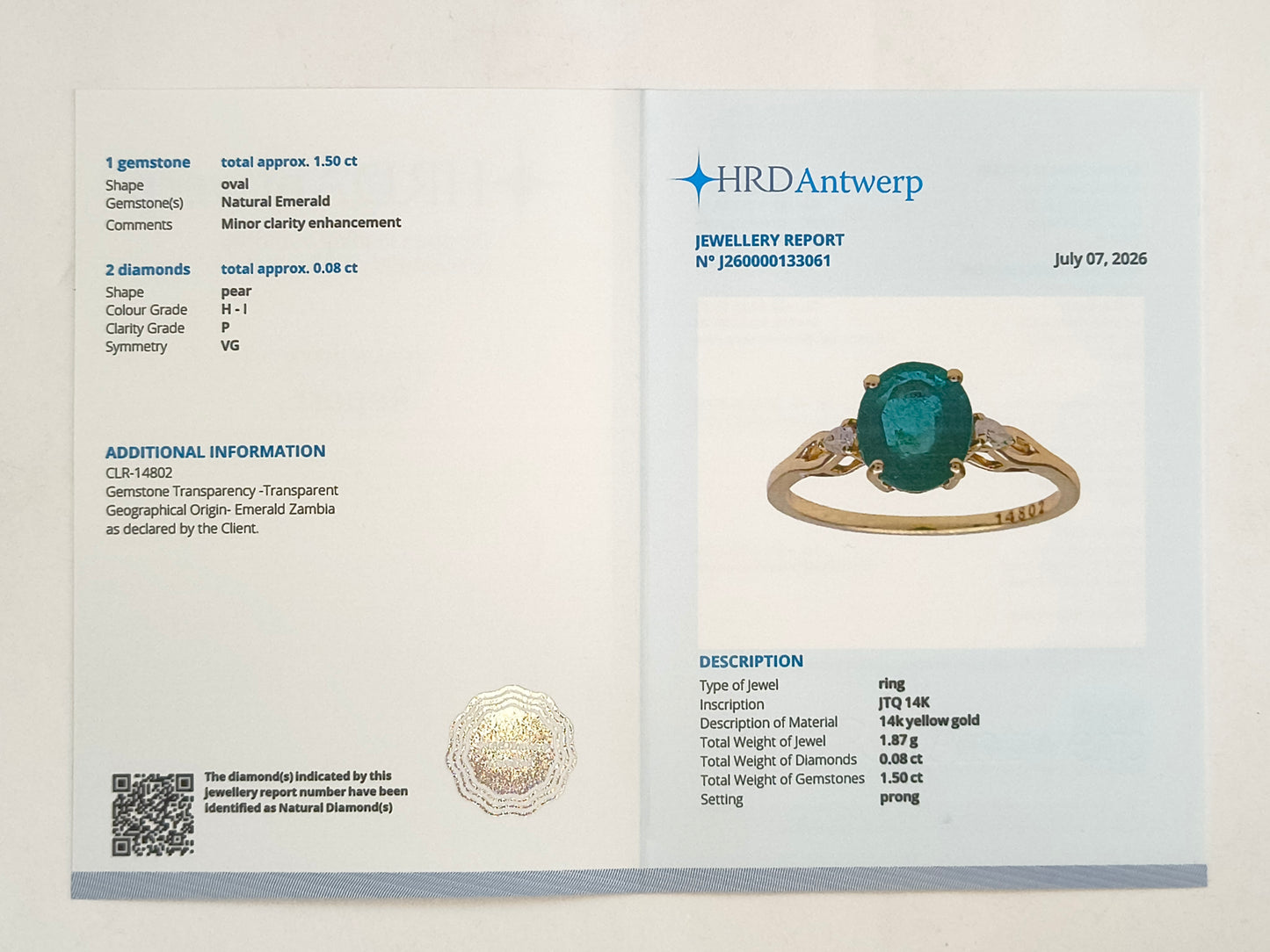 1.58 Ct Oval Natural Emerald 14K Gold Ring