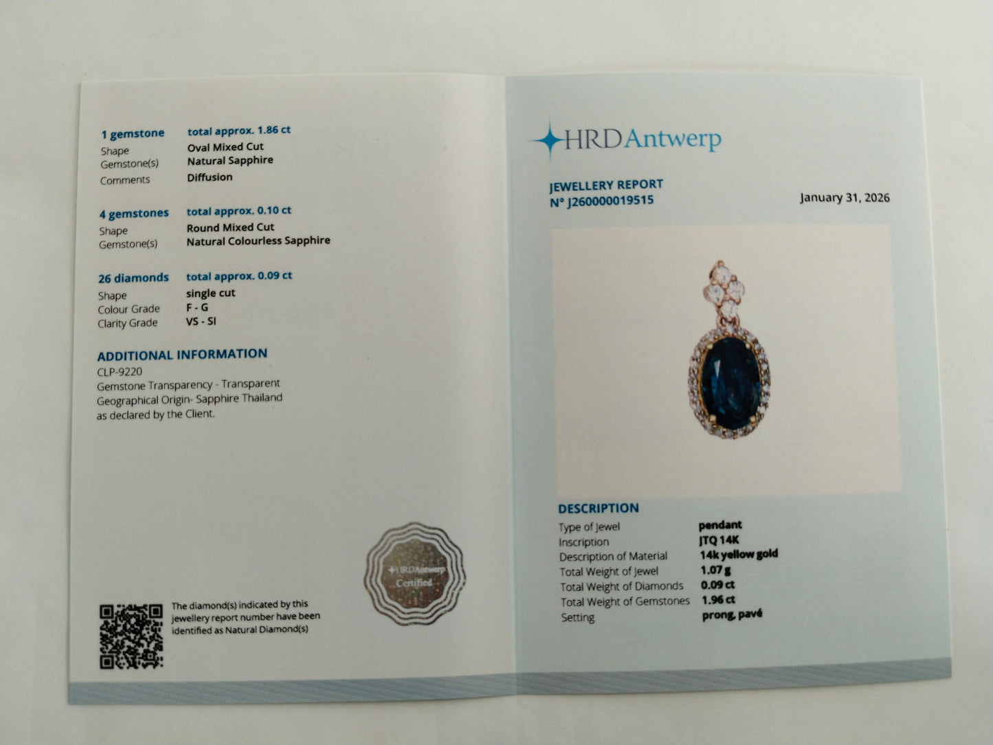 2.05 Ct Oval Mixed Cut Natural Sapphire 14K Gold Pendant