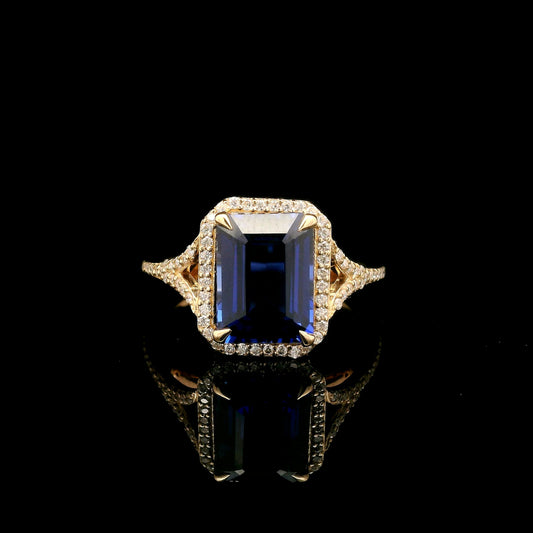 4.39 Ct Emerald Cut Lab Grown Sapphire 14K Gold Ring