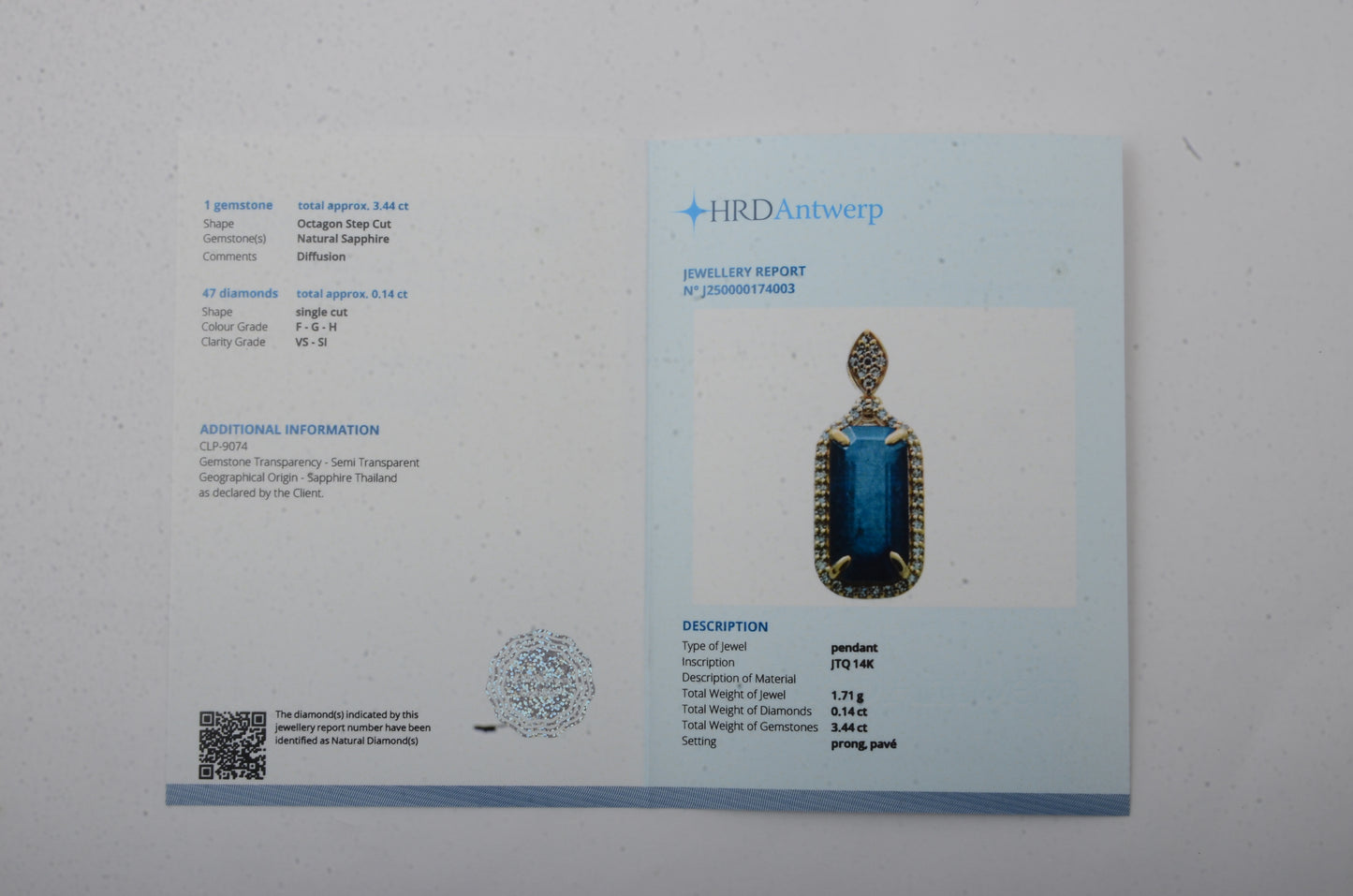 3.58 Ct Octagon Step Cut Natural Sapphire 14K Gold Pendant