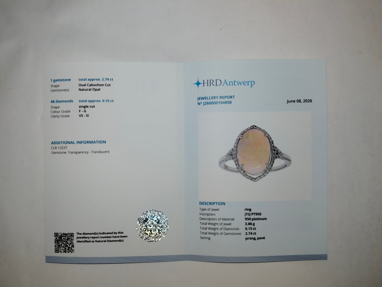 2.89 Ct Oval Cabochon Cut Natural Opal 950 Platinum Ring