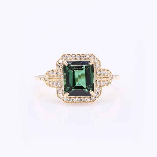 2.17 Ct Octagon Step Cut Natural Green Tourmaline 14K Gold Ring