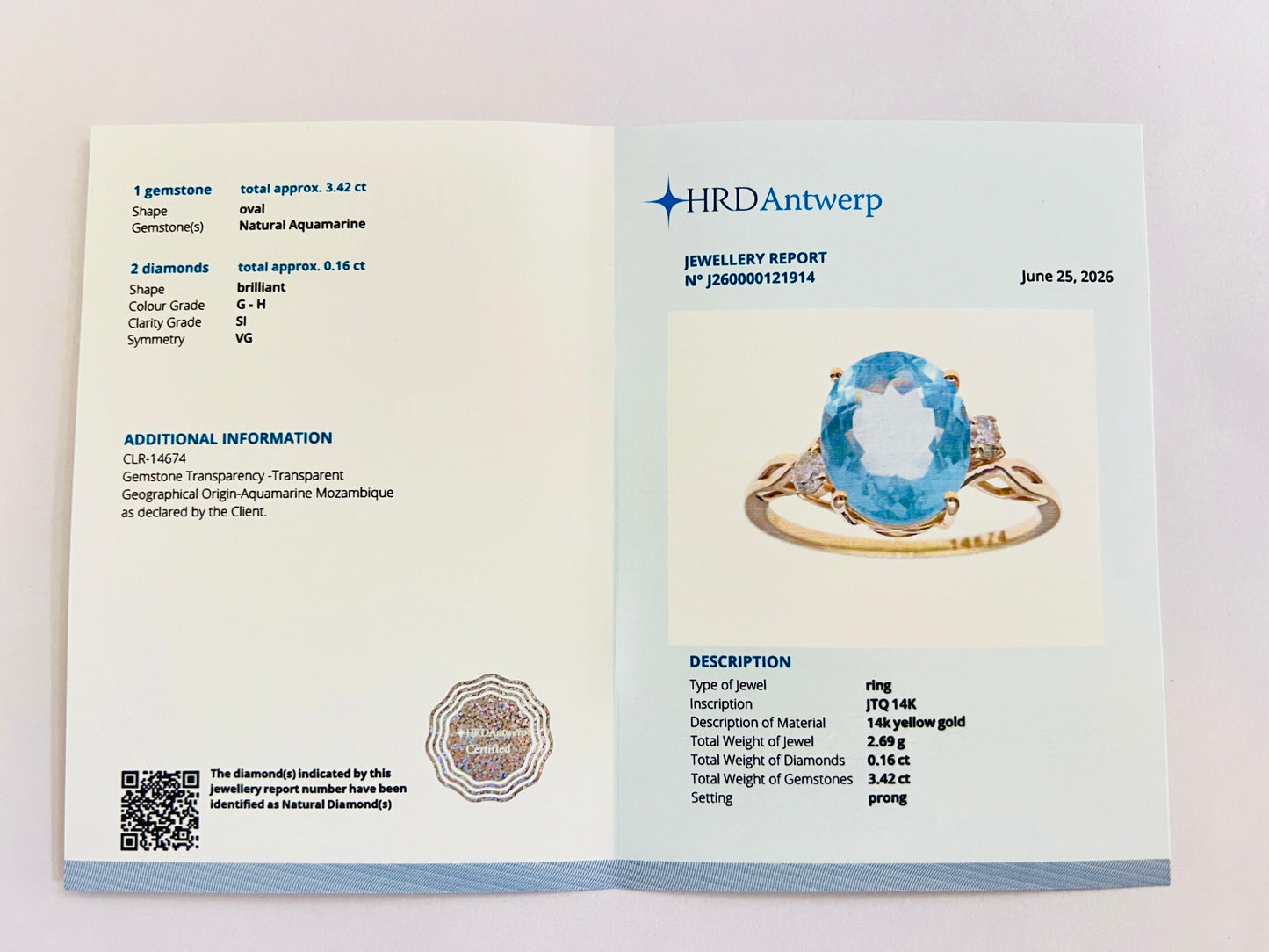 3.58 Ct Oval Natural Aquamarine 14K Gold Ring