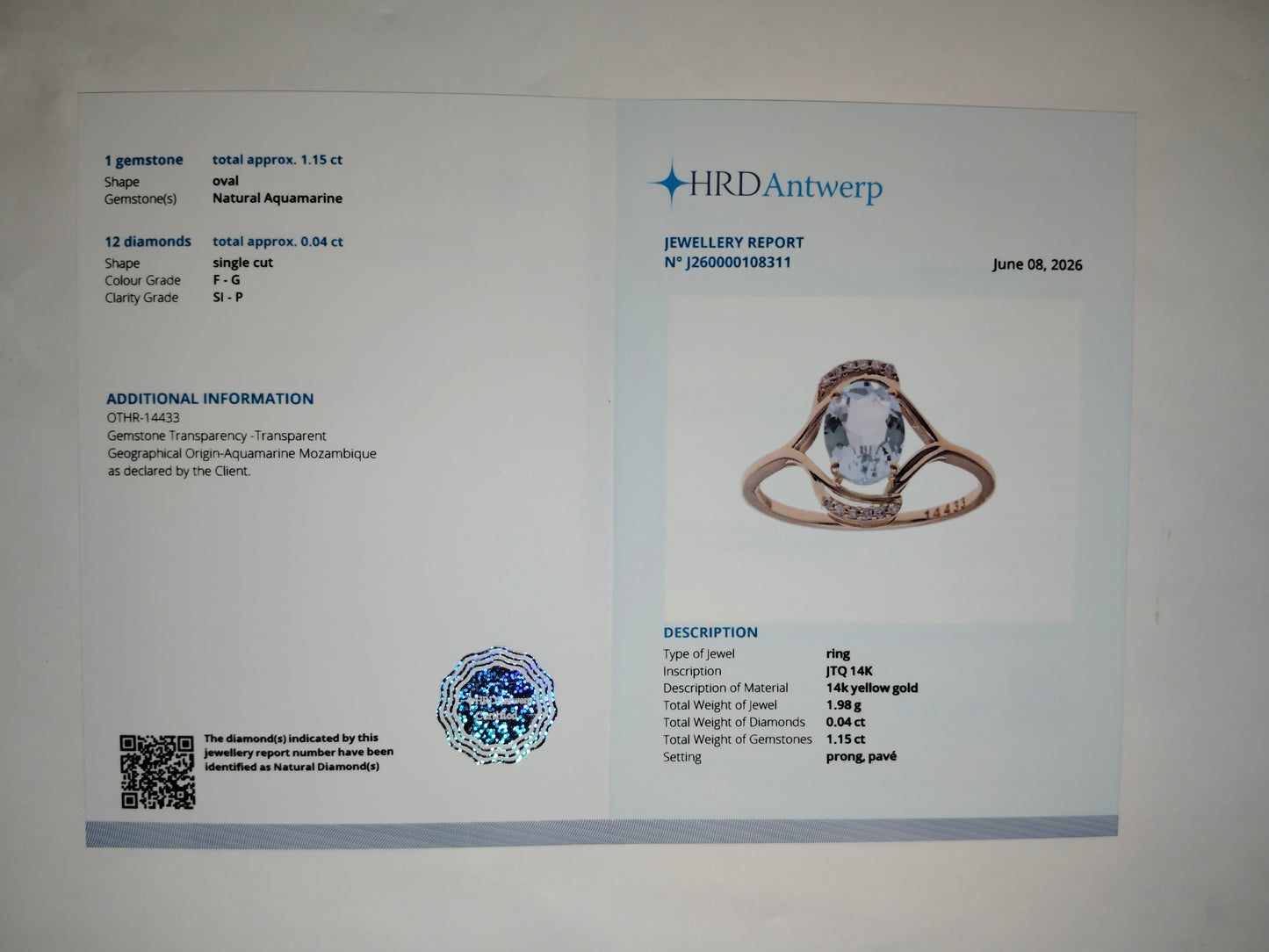 1.19 Ct Oval Mixed Cut Natural Aquamarine 14K Gold Ring