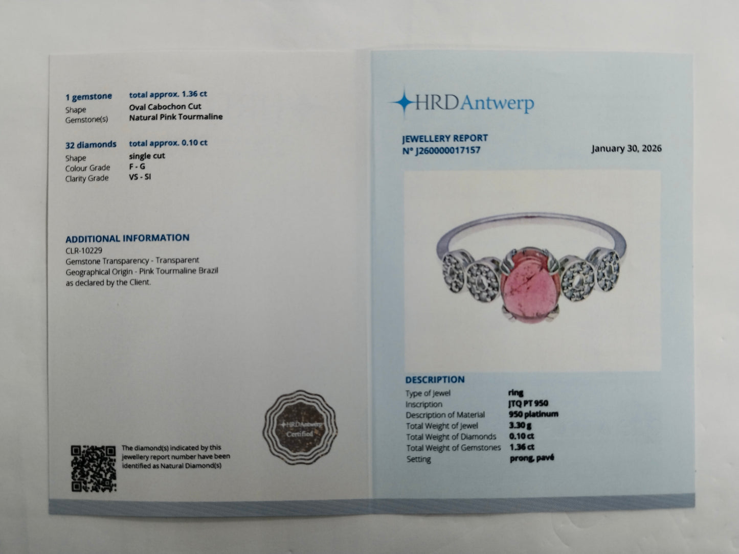 1.46 Ct Oval Cabochon Cut Natural Pink Tourmaline 950 Platinum Ring