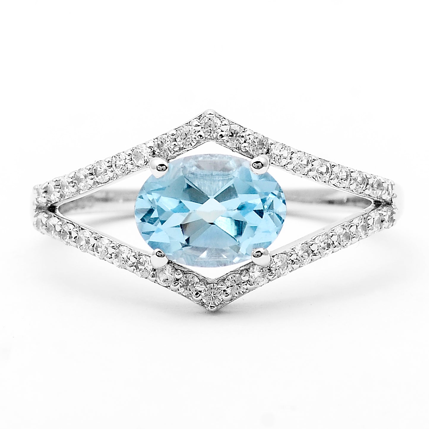 1.92 Ct Oval Blue Topaz, White Zircon 925 Sterling Silver Ring