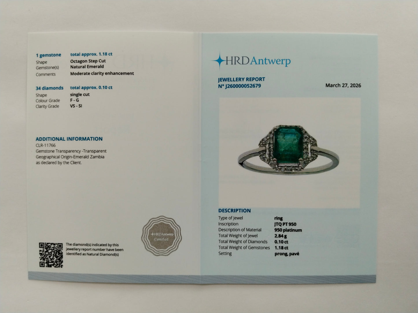 1.28 Ct Octagon Step Cut Natural Emerald 950 Platinum Ring