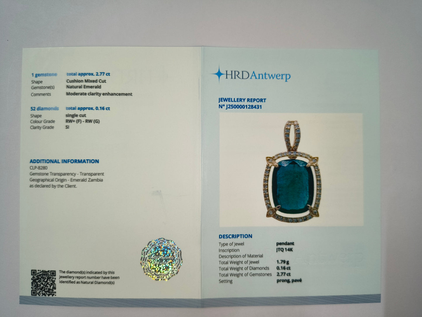 2.93 Ct Cushion Natural Emerald 14K Gold Pendant