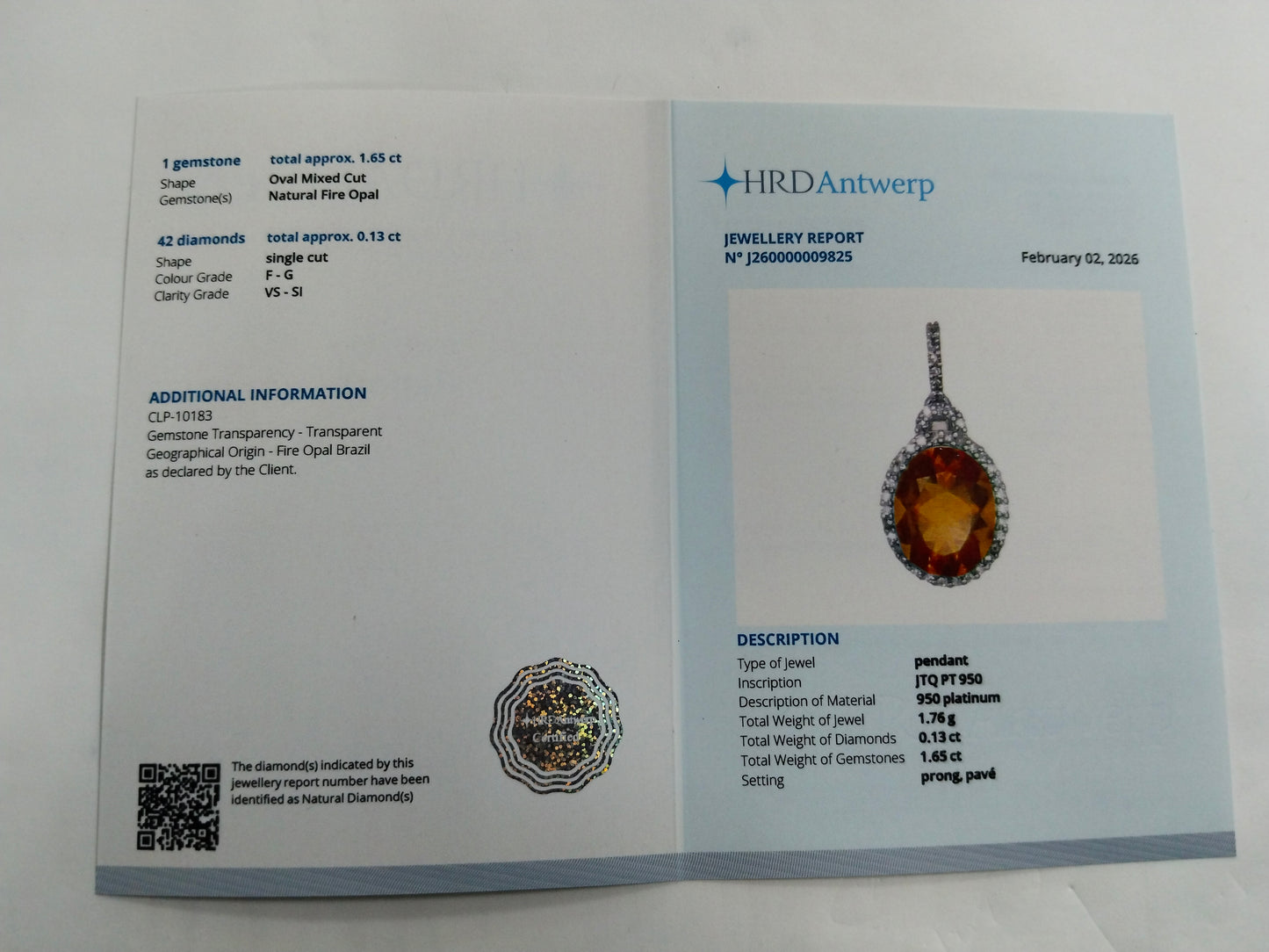 1.78 Ct Oval Mixed Cut Natural Fire Opal 950 Platinum Pendant