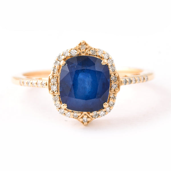 2.45 Ct Cushion Mixed Cut Natural Sapphire 14K Gold Ring