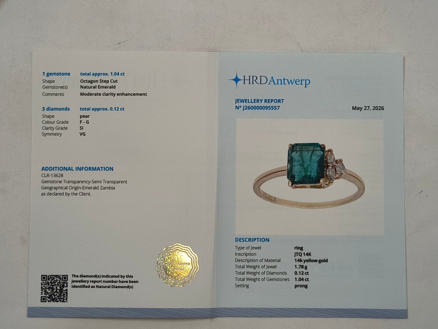1.16 Ct Octagon Step Cut Natural Emerald 14K Gold Ring
