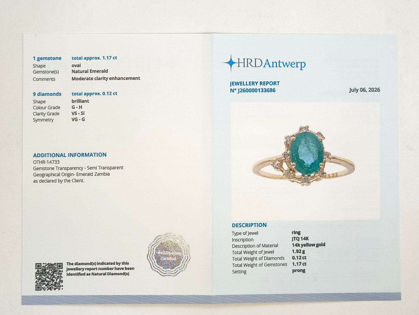 1.29 Ct Oval Natural Emerald 14K Gold Ring