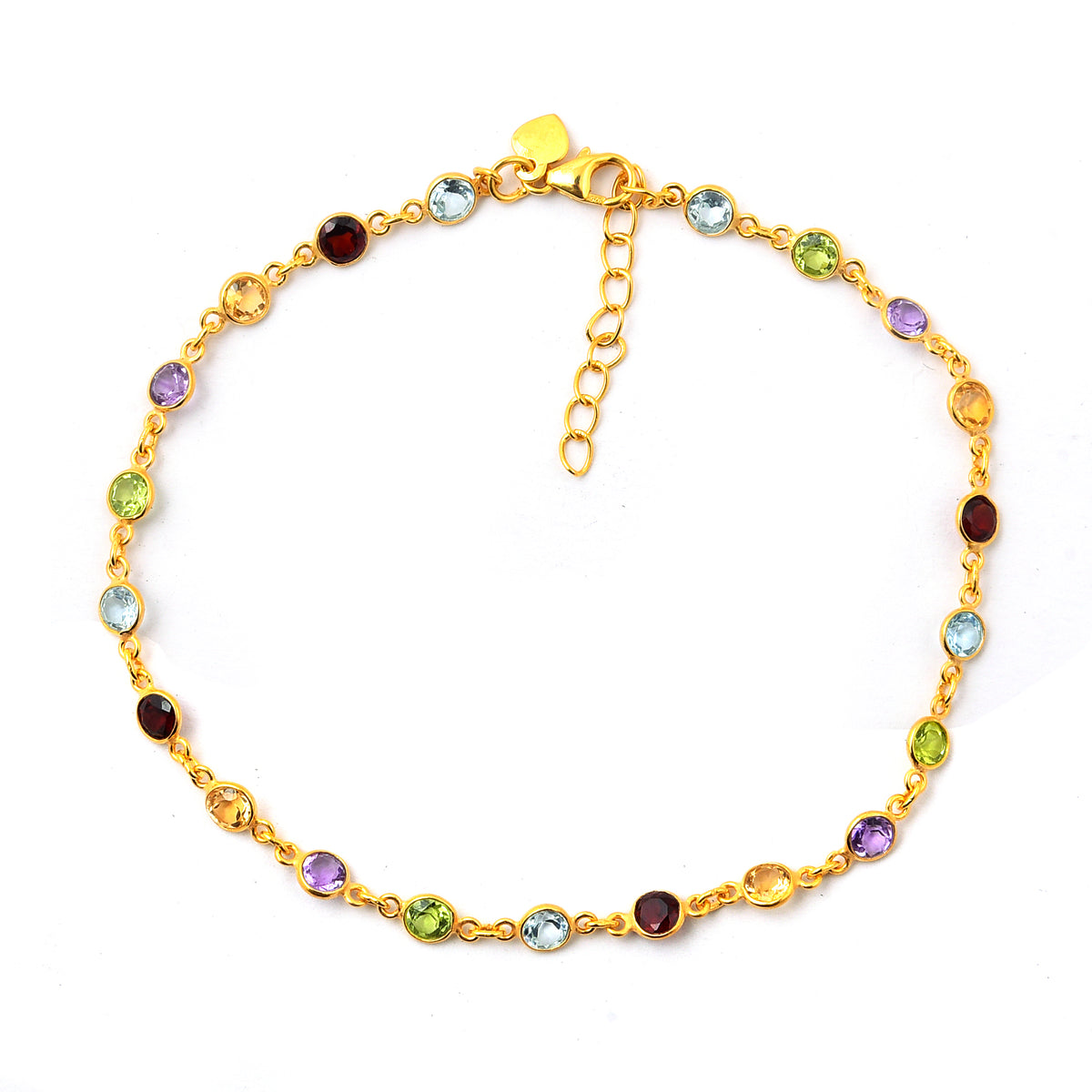 5.93 Ct Round Garnet, Peridot, Blue Topaz, Citrine, Amethyst 925 Sterling Silver Anklet