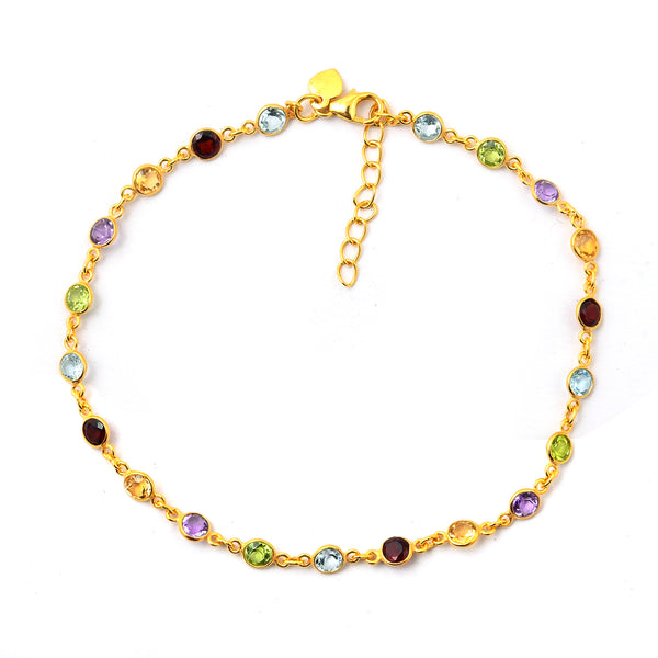 5.93 Ct Round Garnet, Peridot, Blue Topaz, Citrine, Amethyst 925 Sterling Silver Anklet