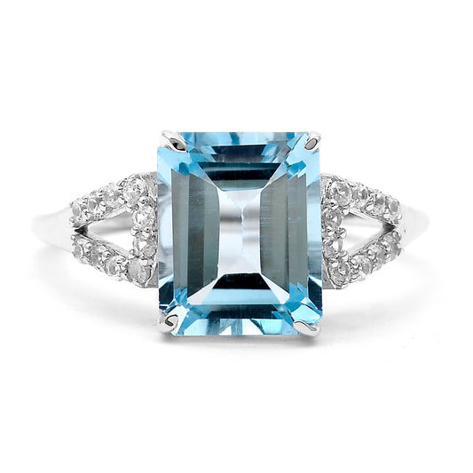 4.33 Ct Octagon Blue Topaz, White Zircon 925 Sterling Silver Ring