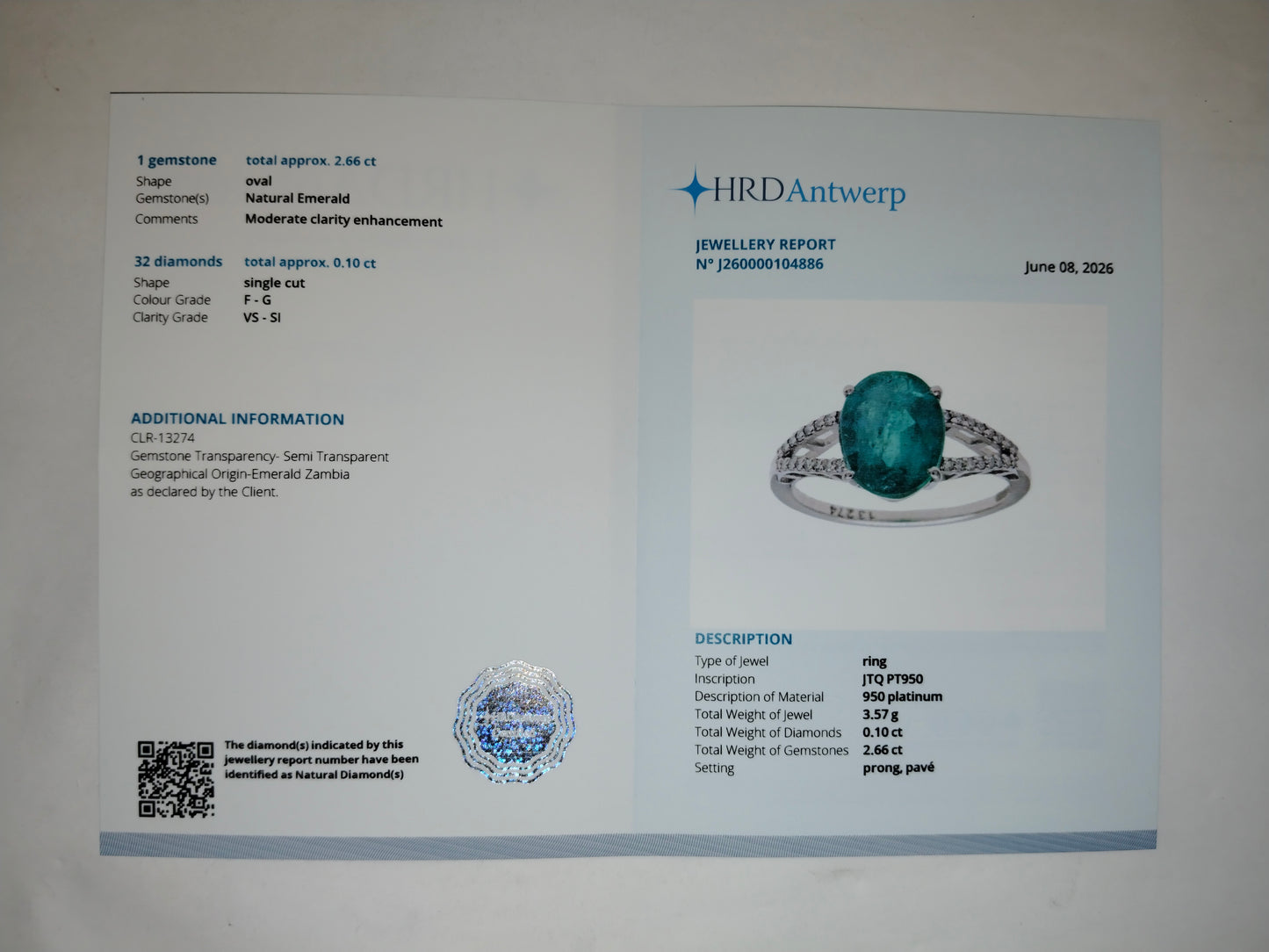 2.76 Ct Oval Mixed Cut Natural Emerald 950 Platinum Ring