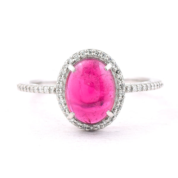 2.11 Ct Oval Cabochon Cut Natural Rubellite 950 Platinum Ring