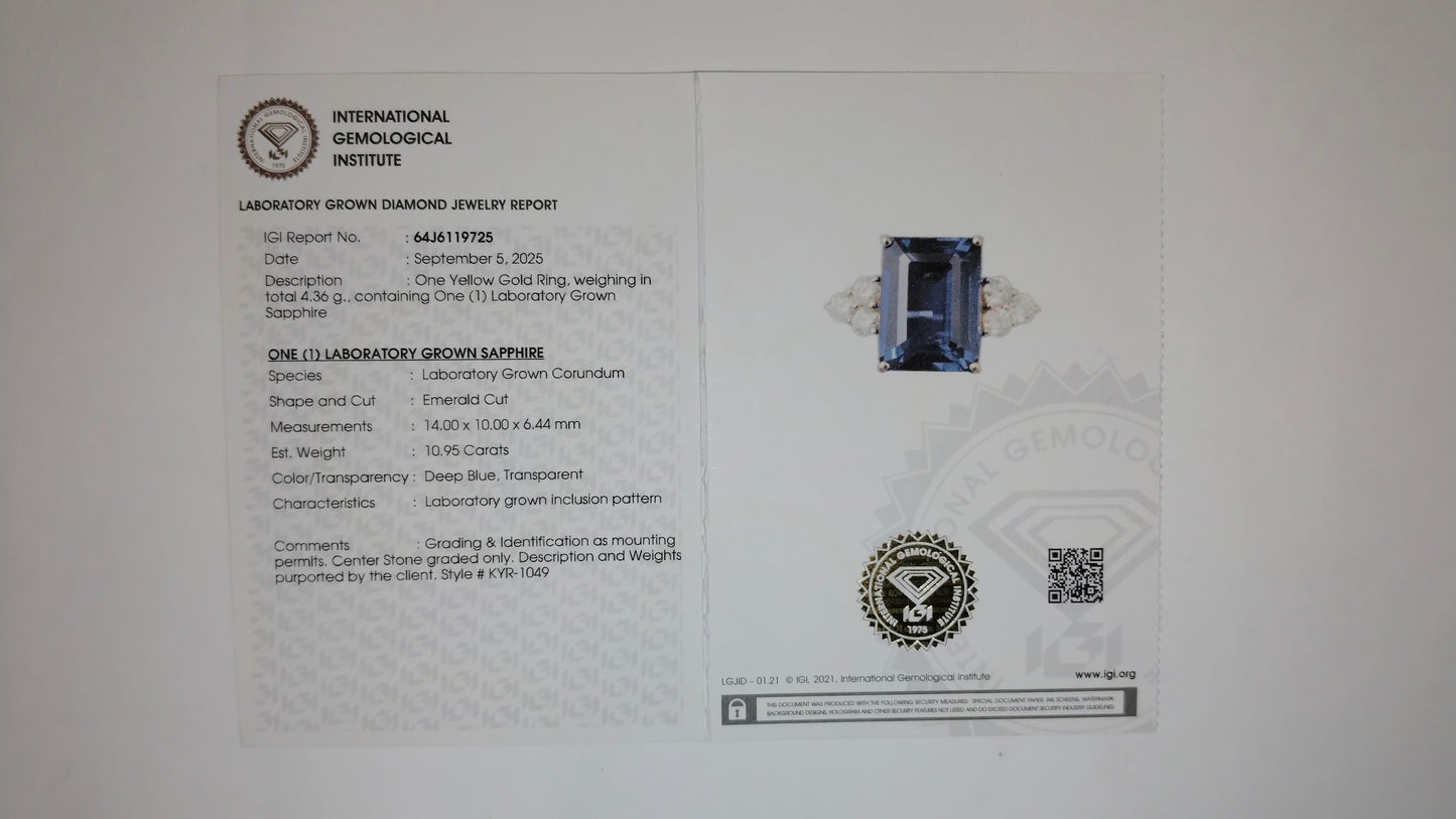 11.54 Ct Emerald Cut Lab Grown Sapphire 14K Gold Ring