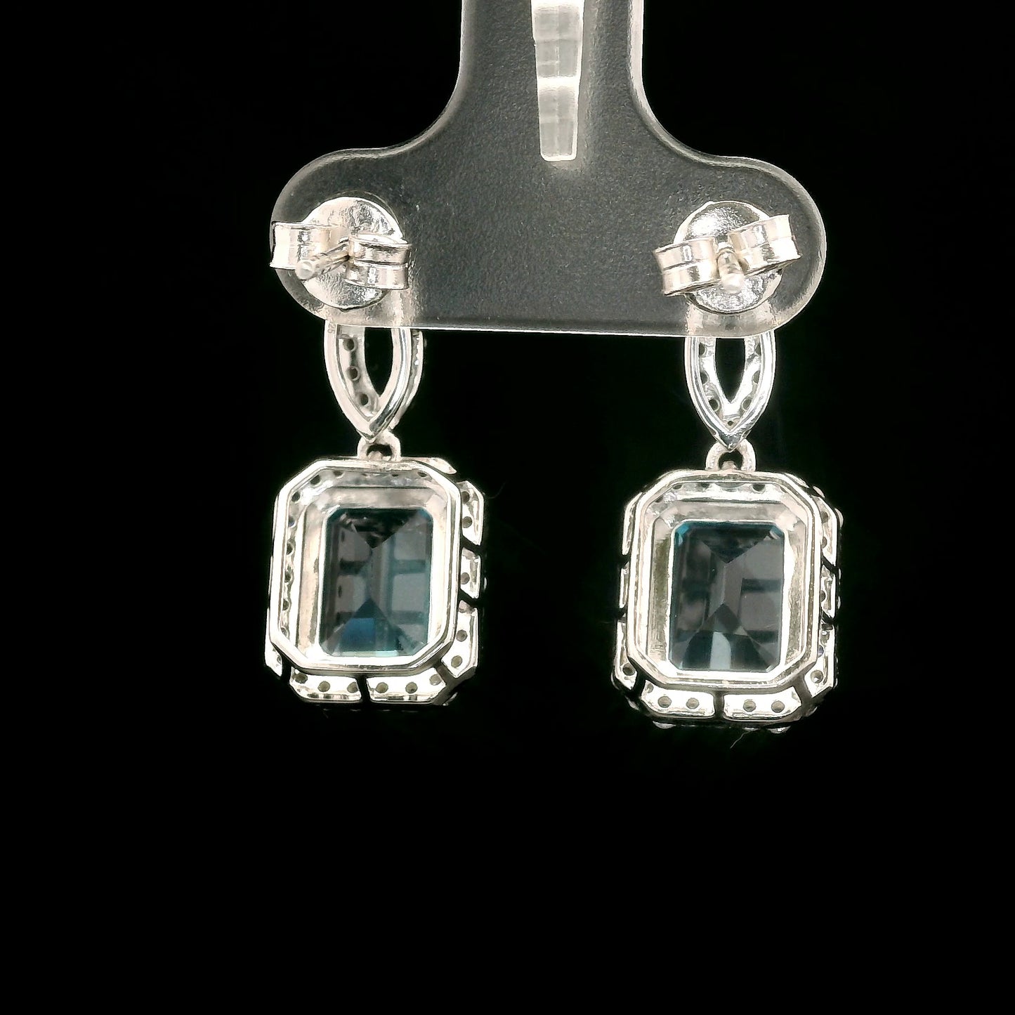 6.68 Ct Octagon Blue Topaz, White Zircon 925 Sterling Silver Earrings
